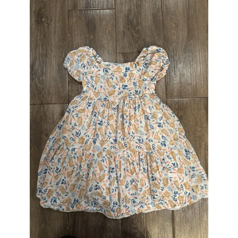 Girls Easter Bunny Dress Size 7‎ Cynthia Rowley Puff Sleeves Peach & White EUC